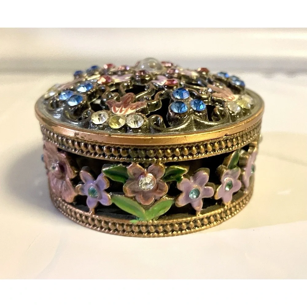 Trinket‎ Box Multicolor Gemstones Enamel Flowers Jewelry Keepsake Metal